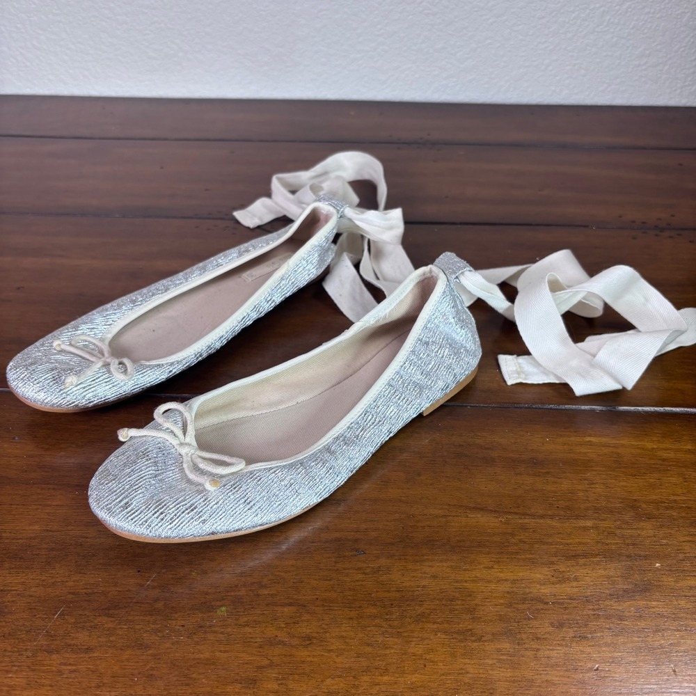 Zara Girls Ballet‎ Flats 35 Silver Metallic Ribbon Ankle Tie Ballerina Shoes